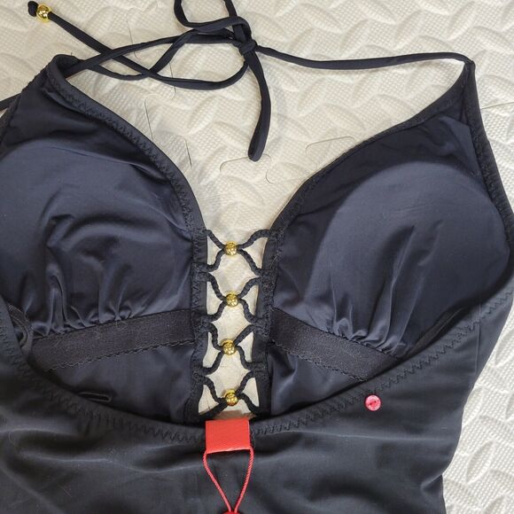Red Carter Swimsuit Size 8 Medium Black One Piece Plunging Halter Neck Gold NWT - Picture 8 of 9